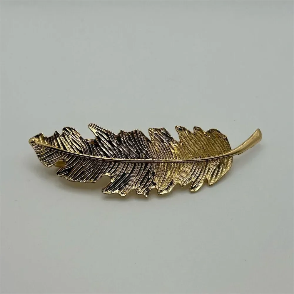 Gold Tone Leaf Feather Hair Barrette Clip Lightweight Classic Chic Boho Fall